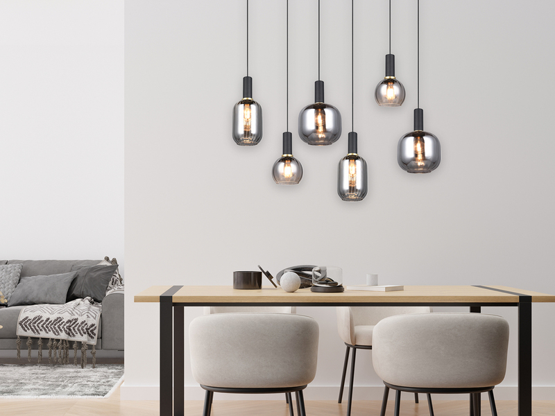 Pendelleuchte 6-flammig Glasschirme Chrom bedampft mit E27 LED, Breite 92cm