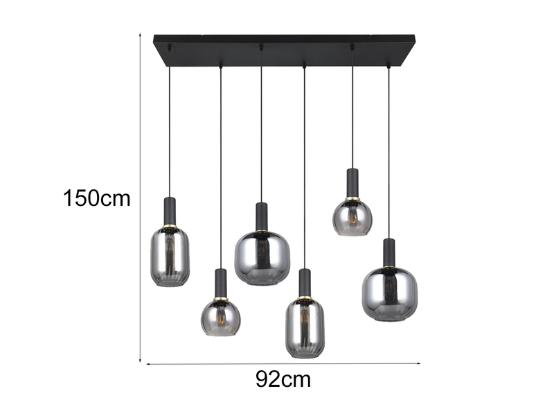 Pendelleuchte 6-flammig Glasschirme Chrom bedampft mit E27 LED, Breite 92cm
