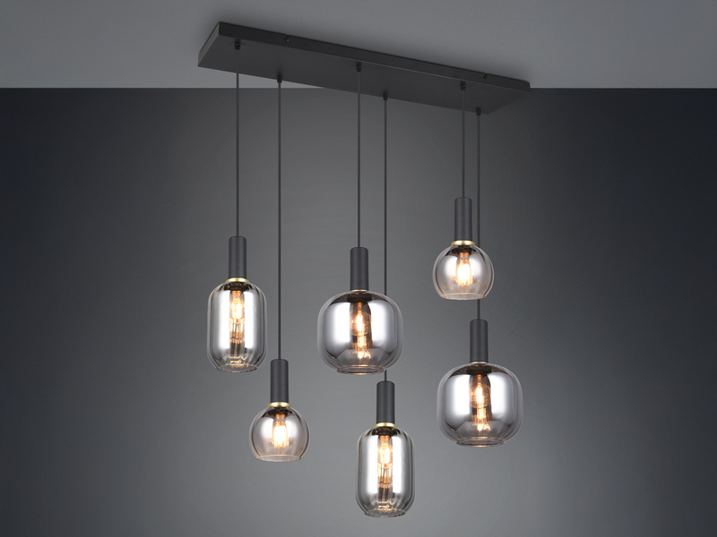 Pendelleuchte 6-flammig Glasschirme Chrom bedampft mit E27 LED, Breite 92cm