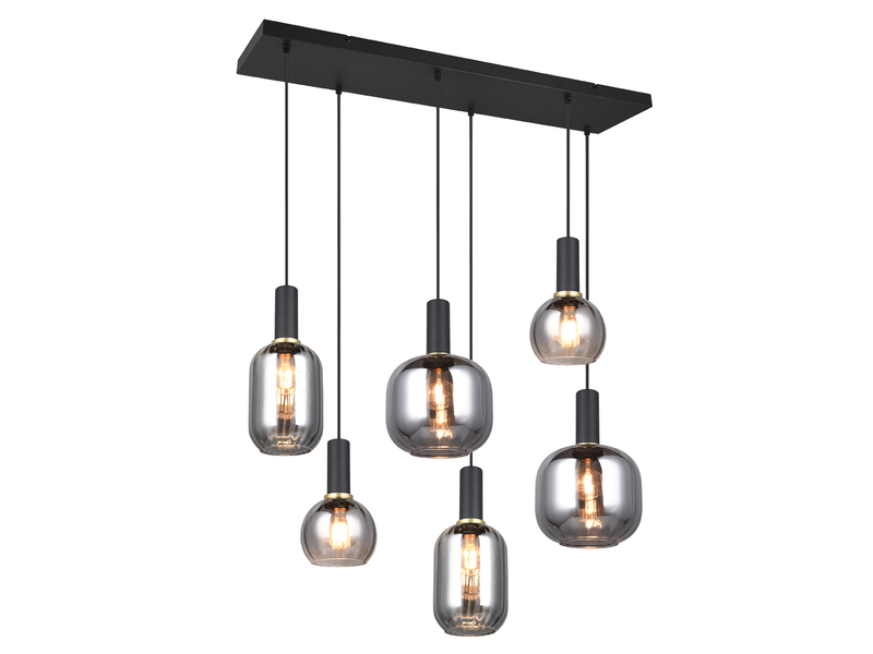 Pendelleuchte 6-flammig Glasschirme Chrom bedampft mit E27 LED, Breite 92cm