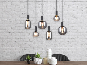 Pendelleuchte 6-flammig Glasschirme Chrom bedampft mit E27 LED, Breite 92cm Pendelleuchte 6-flammig Glasschirme Chrom bedampft mit E27 LED, Breite 92cm