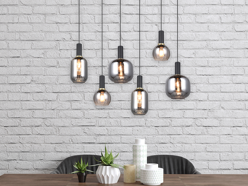 Pendelleuchte 6-flammig Glasschirme Chrom bedampft mit E27 LED, Breite 92cm