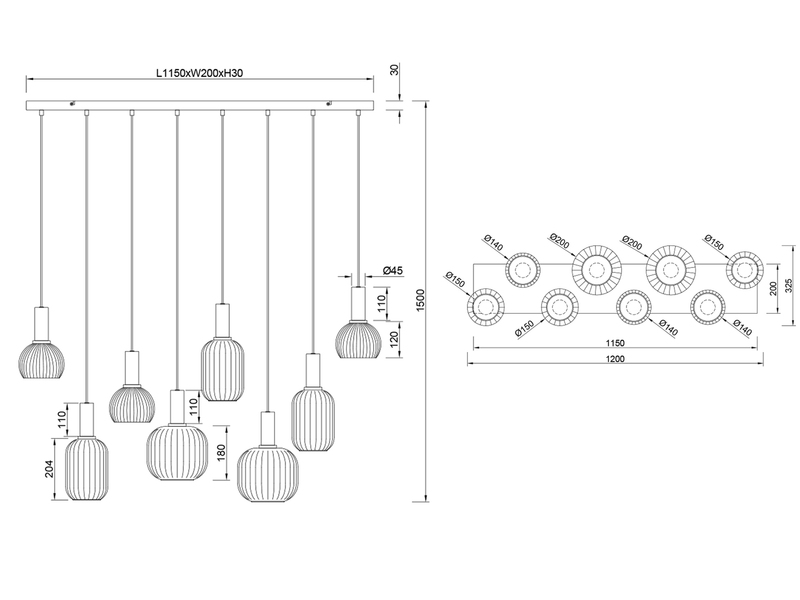 Retro LED Balkenpendelleuchte 8-flammig mit Glasschirmen in Weiß, Breite 120cm