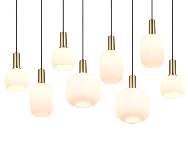 Retro Pendelleuchte 8-flammig Glasschirme Weiß mit E27 LED, Breite 120cm
