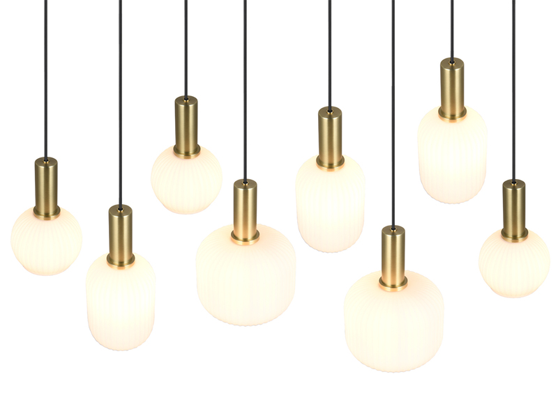Retro Pendelleuchte 8-flammig Glasschirme Weiß mit E27 LED, Breite 120cm