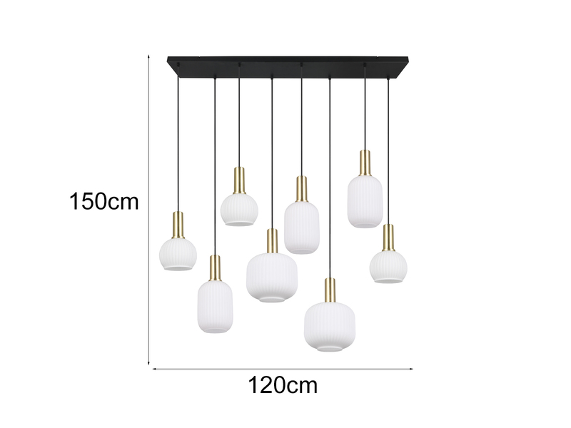 Retro LED Balkenpendelleuchte 8-flammig mit Glasschirmen in Weiß, Breite 120cm