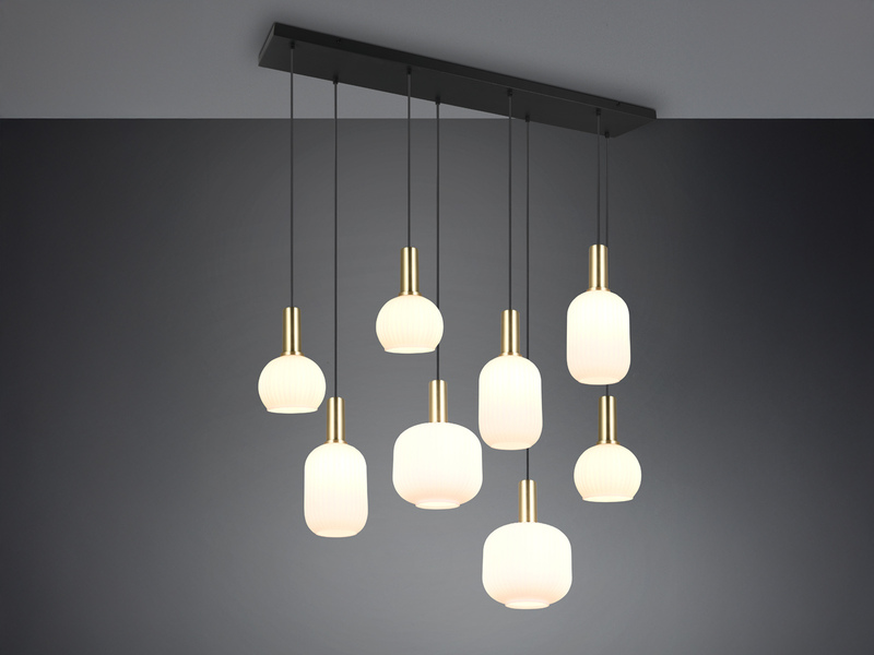 Retro Pendelleuchte 8-flammig Glasschirme Weiß mit E27 LED, Breite 120cm
