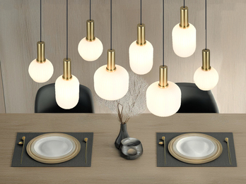 Retro LED Pendelleuchte 8-flammig mit Glasschirmen in Weiß, Breite 120cm