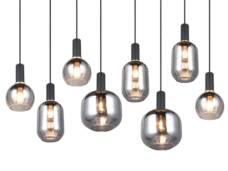Pendelleuchte 8-flammig Glasschirme Chrom bedampft mit E27 LED, Breite 120cm