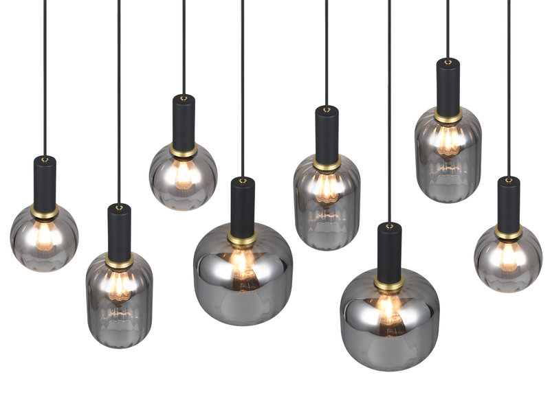 Pendelleuchte 8-flammig Glasschirme Chrom bedampft mit E27 LED, Breite 120cm
