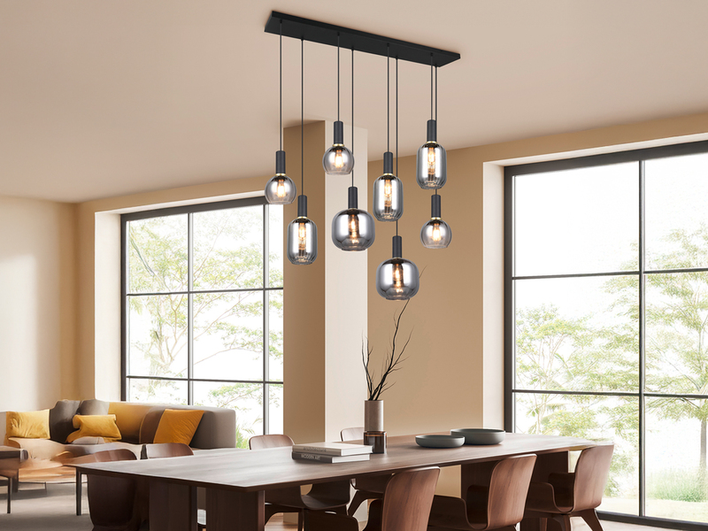 Pendelleuchte 8-flammig Glasschirme Chrom bedampft mit E27 LED, Breite 120cm