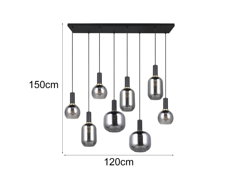 Pendelleuchte 8-flammig Glasschirme Chrom bedampft mit E27 LED, Breite 120cm
