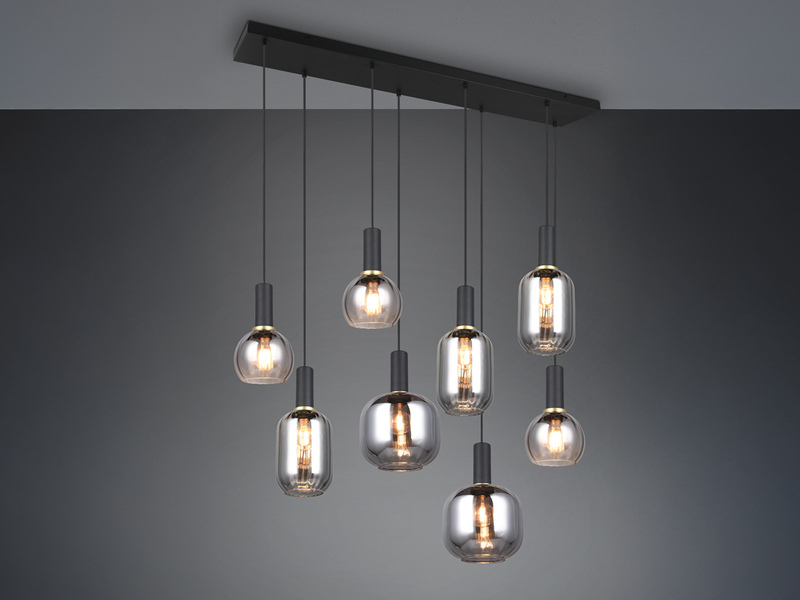 Pendelleuchte 8-flammig Glasschirme Chrom bedampft mit E27 LED, Breite 120cm