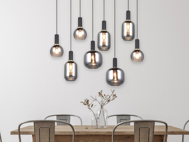 Pendelleuchte 8-flammig Glasschirme Chrom bedampft mit E27 LED, Breite 120cm