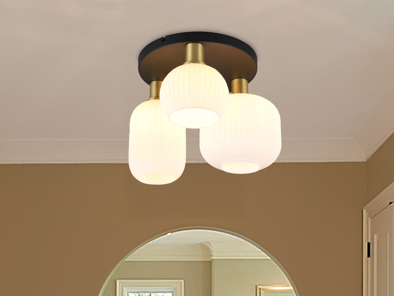 Retro Deckenleuchte 3-flammig mit Glasschirmen in Weiß mit E27 LED, Ø 39cm