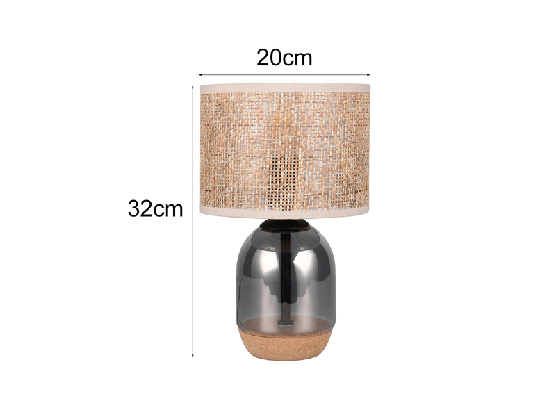 Tischleuchte TARA mit Rattanschirm, Kork und Glasfuß, Höhe 32cm