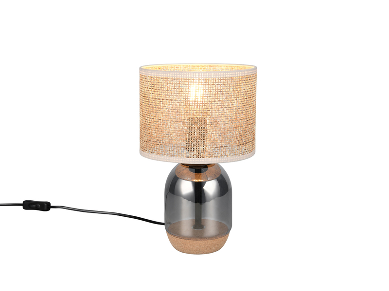 LED Tischleuchte mit Rattan Lampenschirm, Kork und Glasfuß, Höhe 32cm