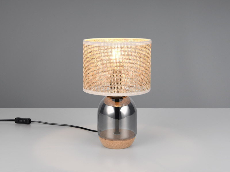 LED Tischleuchte mit Rattanschirm, Kork und Glasfuß, Höhe 32cm