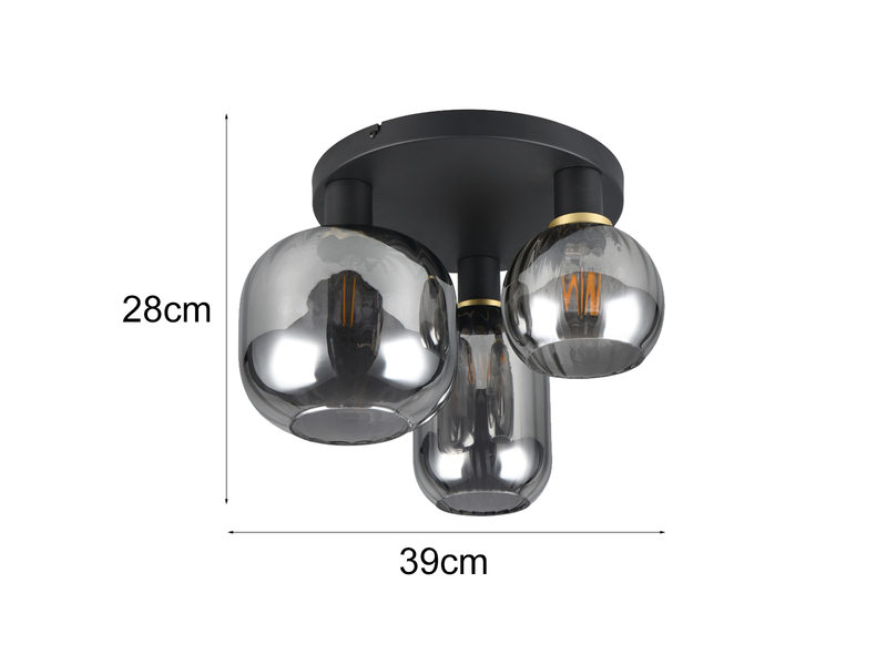 Deckenleuchte 3-flammig Glasschirme Chrom bedampft mit E27 LED, Ø 39cm
