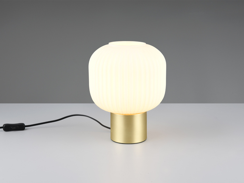 Kleine Retro Tischleuchte Messing mit Glasschirm in Weiß mit E27 LED, Höhe 26cm