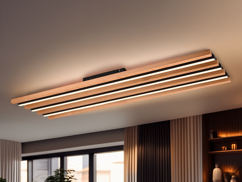 LED Deckenleuchte FONTANA mit Naturholz flach & lang, dimmbar, Länge 114cm