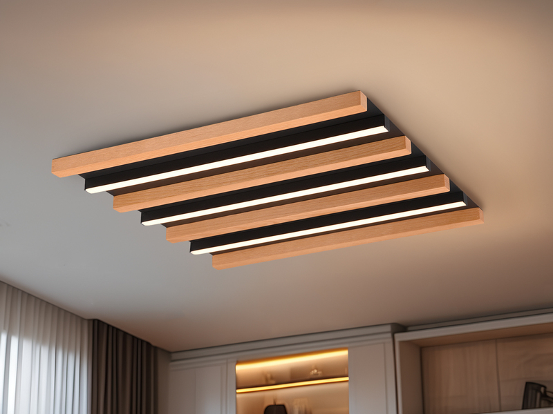 Dimmbare LED Deckenleuchte FONTANA mit Naturholz, Quadrat 46cm