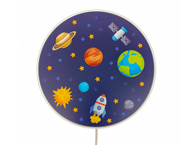 Kinderzimmer Wandlampe Weiß mit Weltall Motiven Schalter und Stecker, Ø 25cm