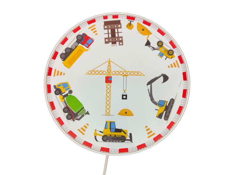 Kinderzimmer Wandlampe Weiß mit Baustellen Motiven, Schalter und Stecker, Ø 25cm