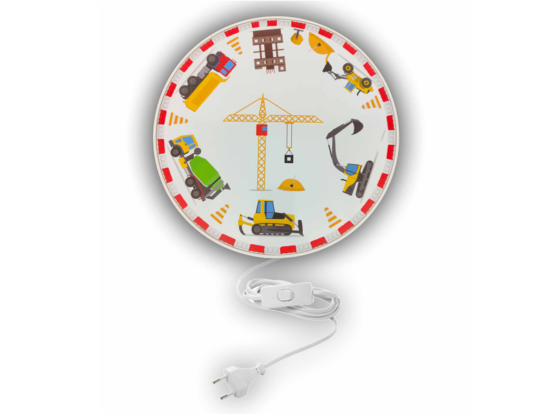 Kinderzimmer Wandlampe Weiß mit Baustellen Motiv, Schalter & Stecker, Ø 25cm