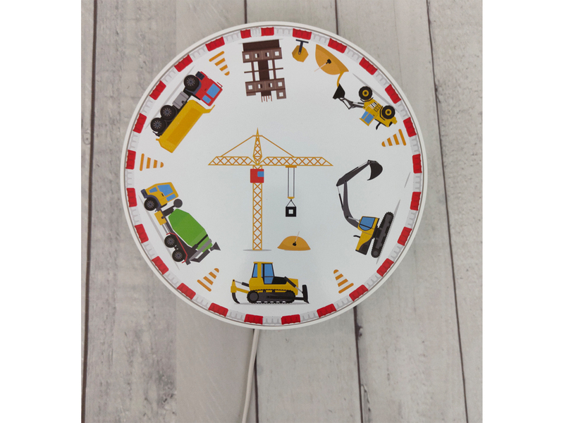 Kinderzimmer Wandlampe Weiß mit Baustellen Motiv, Schalter & Stecker, Ø 25cm
