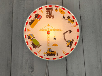 Kinderzimmer Wandlampe Weiß mit Baustellen Motiven, Schalter und Stecker, Ø 25cm