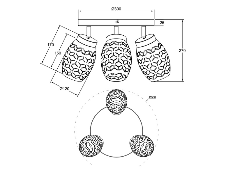 Deckenstrahler BIDAR 3-flammig in Weiß mit ausgefallenem Stanzmuster, Ø58cm
