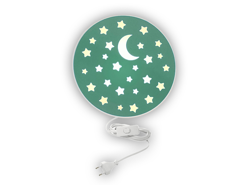 Kinderzimmer Wandlampe mit Mond & Sternen Grün Schalter & Stecker, Ø 25cm