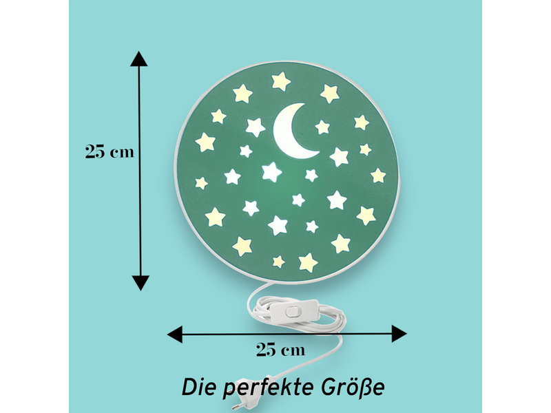 Kinderzimmer Wandlampe mit Mond & Sternen Grün Schalter & Stecker, Ø 25cm