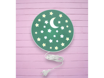 Kinderzimmer Wandlampe mit Mond & Sternen Grün Schalter & Stecker, Ø 25cm