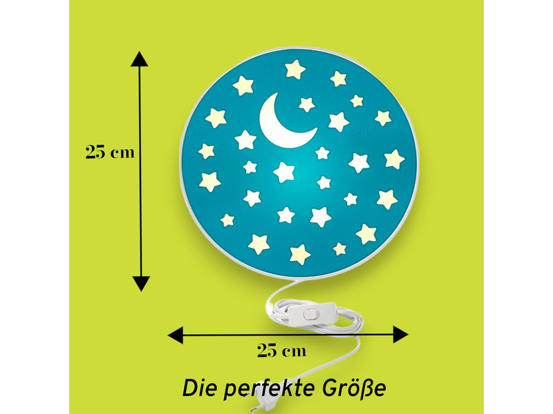 Kinderzimmer Wandlampe mit Mond & Sternen Blaugrün Schalter und Stecker Ø 25cm