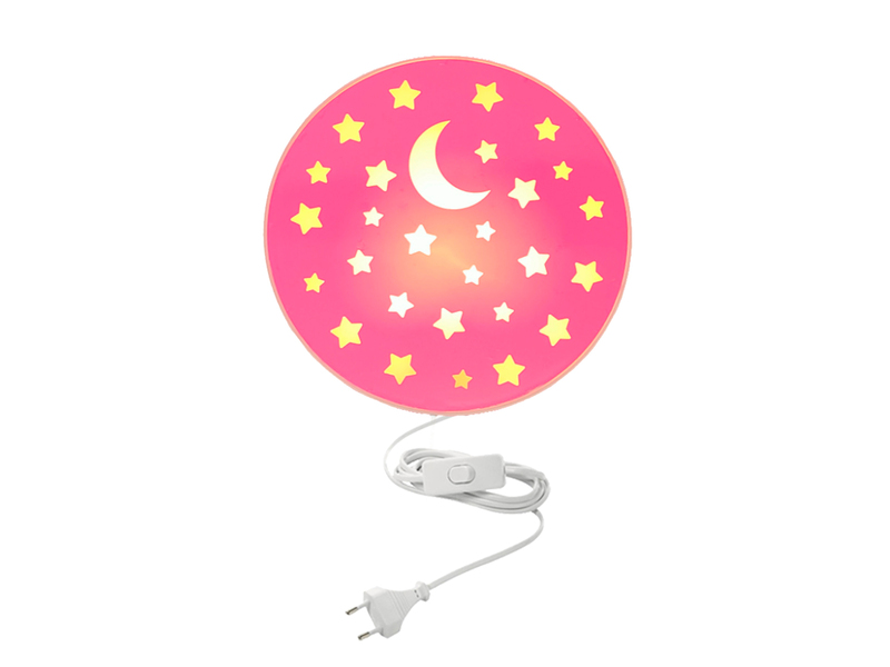 Kinderzimmer Wandlampe mit Mond & Sternen Pastellrosé Schalter und Stecker Ø25cm