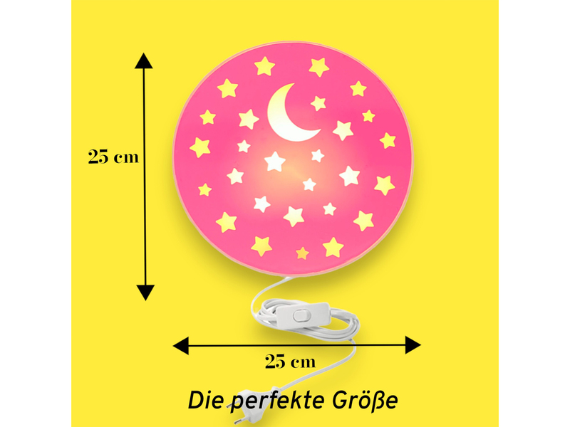 Kinderzimmer Wandlampe mit Mond & Sternen Rosa, Schalter & Stecker Ø25cm
