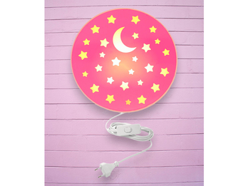 Kinderzimmer Wandlampe mit Mond & Sternen Pastellrosé Schalter und Stecker Ø25cm