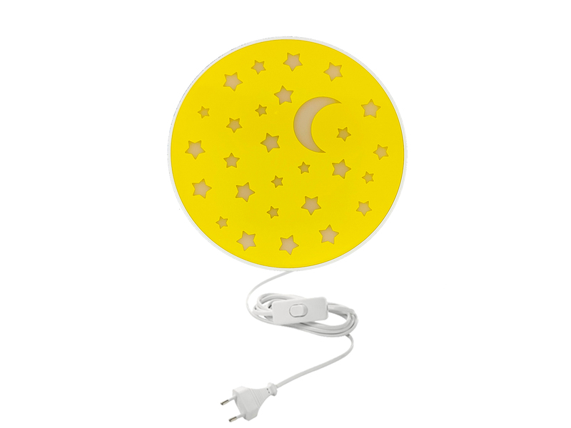 Kinderzimmer Wandlampe mit Mond & Sternen Sonnengelb Schalter und Stecker Ø25cm