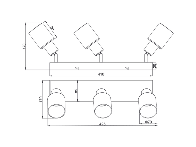 3-flammiger LED Deckenstrahler mit Chrom Glasschirmen, Breite 42cm