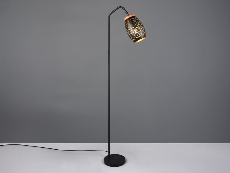 Stehlampe BIDAR Metall Schwarz Gold, E27 Schirm mit Dekorstanzung, Höhe 147cm