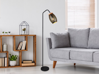 Stehlampe BIDAR Metall Schwarz Gold, E27 Schirm mit Dekorstanzung, Höhe 147cm Stehlampe BIDAR Metall Schwarz Gold, E27 Schirm mit Dekorstanzung, Höhe 147cm