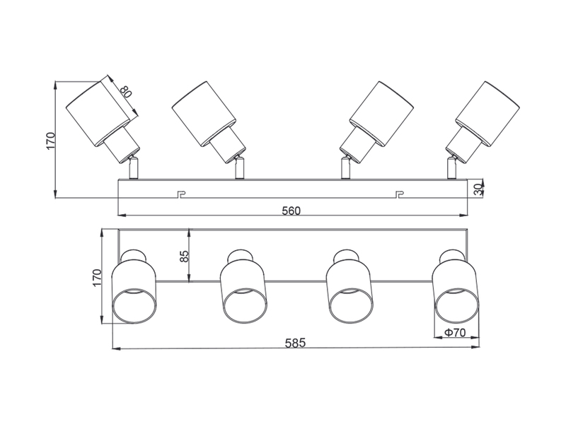 4-flammiger LED Deckenstrahler mit Chrom Glasschirmen, Breite 58cm