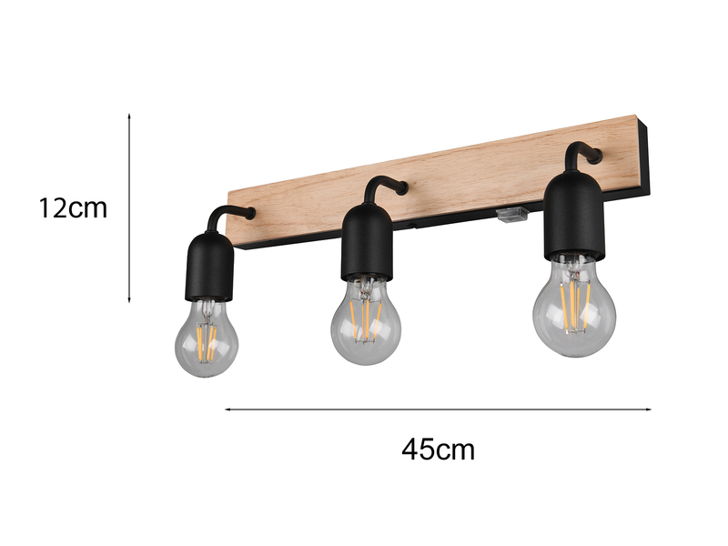 LED Bad Wandleuchte mit Holz und Schalter, 3-flammig Breite 45cm