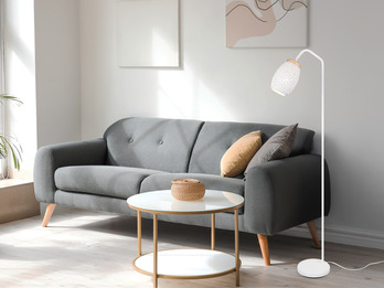 Stehlampe Metall Weiß, Schirm mit Dekorstanzung & E27 LED, Höhe 147cm