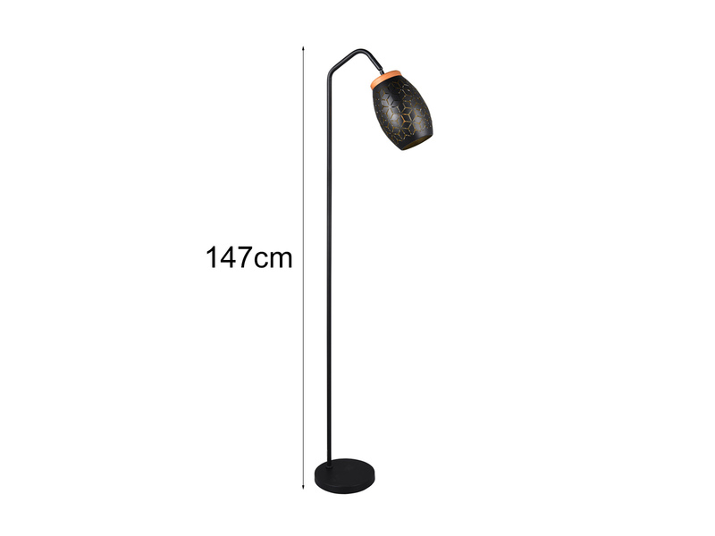 Stehlampe Metall Schwarz Gold, Schirm mit Dekorstanzung & E27 LED, Höhe 147cm