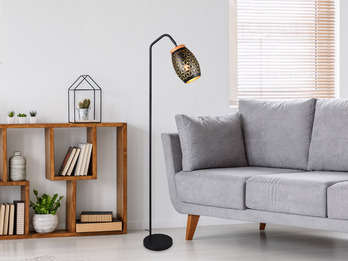 Stehlampe Metall Schwarz Gold, Schirm mit Dekorstanzung & E27 LED, Höhe 147cm