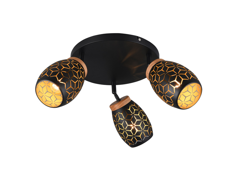 Deckenstrahler Schwarz Gold 3-flammig mit Dekorstanzung Ø 58cm, inkl. E27 LED