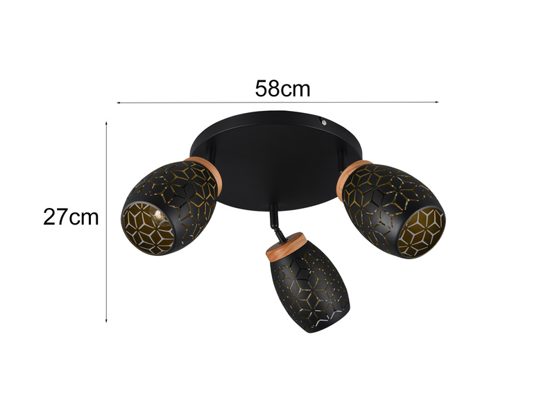 Deckenstrahler Schwarz Gold 3-flammig mit Dekorstanzung Ø 58cm, inkl. E27 LED